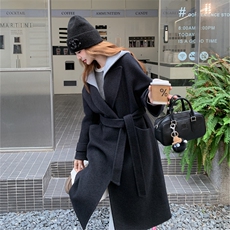 现货新款韩范中长款过膝双面羊绒大衣黑灰色高端毛呢连帽外套，女装双面呢大衣，网红馆