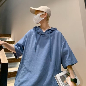 港风潮牌ins五分袖短袖t恤男连帽休闲宽松半袖学生嘻哈潮流上衣服