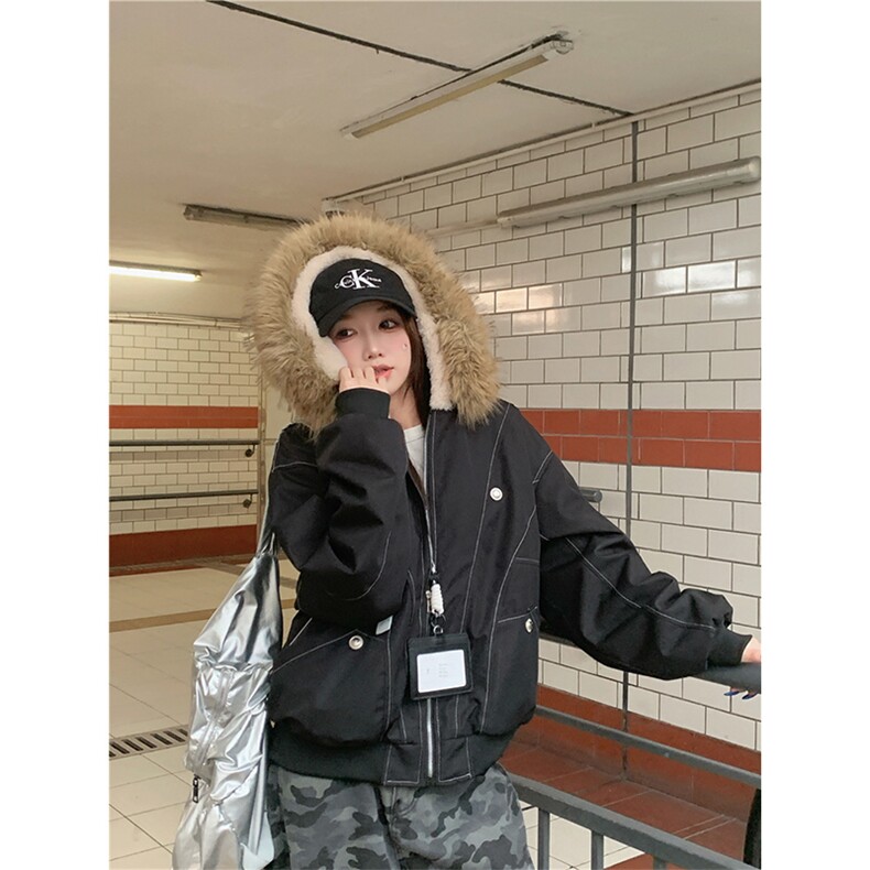 现货重磅boxy短款棉衣座山雕大毛毛领男女棉服水洗工装厚外套，男装棉衣，电商A486