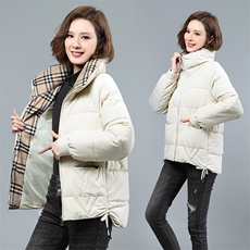 立领格子拼接棉服女短款2021冬装新款韩版宽松面包服冬季外套，女装棉衣/棉服，伊满意