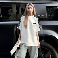 抖音得物品质二开240克宽松纯棉美式潮牌印花三条杠中性风短袖T恤，男装T恤，电商A486-1