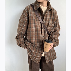 日系复古毛呢料条格工装衬衫男春季学院风简约休闲上衣W8072-P48，男装衬衫，星座512-4