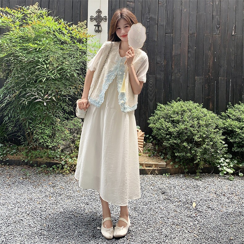 新中式国风提花马甲连衣裙套装女夏2025新款减龄刺绣流行绝美裙子，女装套装/套裙，2D078