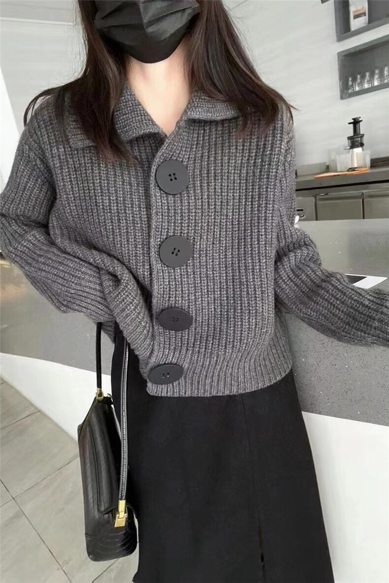 欧范纯山羊绒开衫女POLO领宽松加厚时尚大扣翻领羊毛针织毛衣外套,女装羊毛衫,隆格羊绒