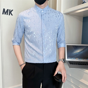 店主风社会小伙男士七分袖立领提花衬衫男301A-1/CS580/P55图片
