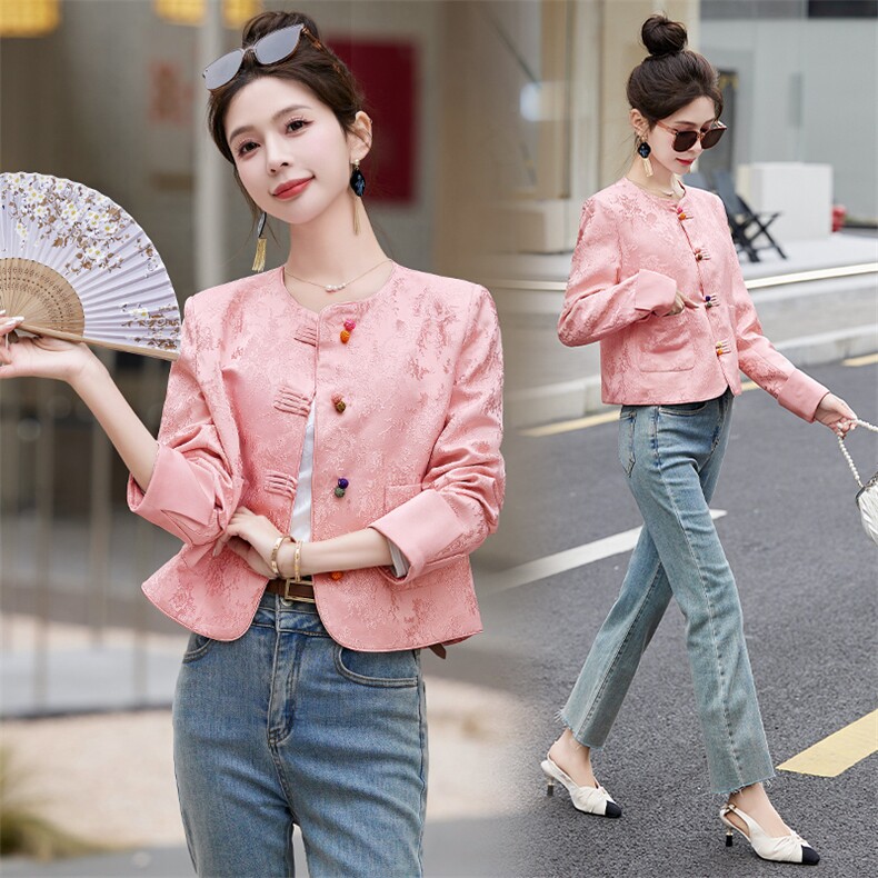 粉色新中式国风外套女春秋2024新款短款小个子时尚盘扣老钱风上衣，女装短外套，布芭啦