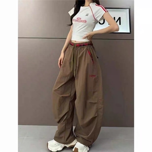 时尚撞色格子腰头刺绣字母抽绳阔腿裤男女夏季休闲长裤MKK29 P47图片