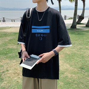 JT55033-P25 假两件短袖t恤男大码胖子半袖体恤半截袖 港风图片