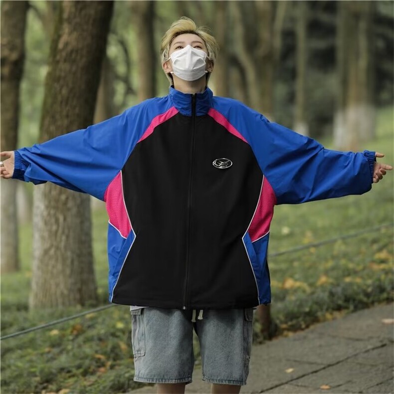 美式复古撞色嘻哈防晒衣外套男女薄款K2544 P45图片