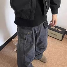 美式复古水洗做旧工装裤男四季潮小众宽松直筒阔腿裤口袋伞兵裤，男装牛仔裤，星座506A
