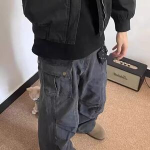 美式复古水洗做旧工装裤男四季潮小众宽松直筒阔腿裤口袋伞兵裤图片
