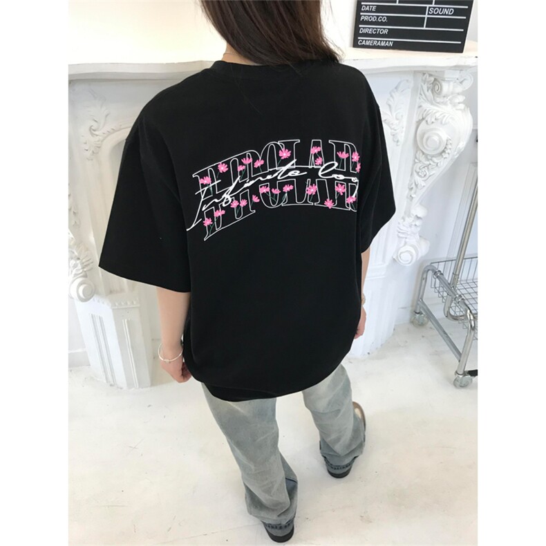 网图有货 夏季字母刺绣撞色花朵短袖T恤男女情侣宽松上衣A543-P35图片