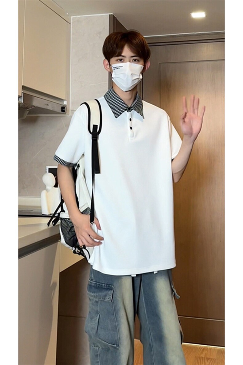 假两件格子拼接短袖T恤男夏季潮牌polo衫美式衬衫领T3652特价P30,男装T恤,电商A007
