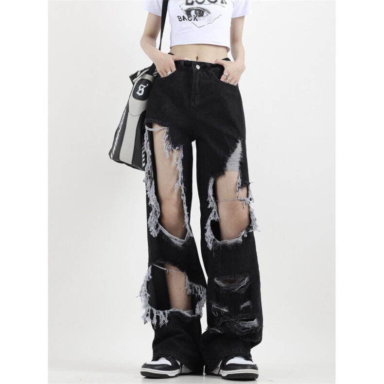 7880-P45优质版嘻哈设计感破洞牛仔裤女新款宽松直筒阔腿裤，女装牛仔裤，电商A306A