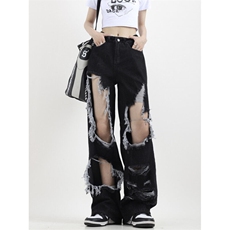 7880-P45优质版嘻哈设计感破洞牛仔裤女新款宽松直筒阔腿裤，女装牛仔裤，电商A306A