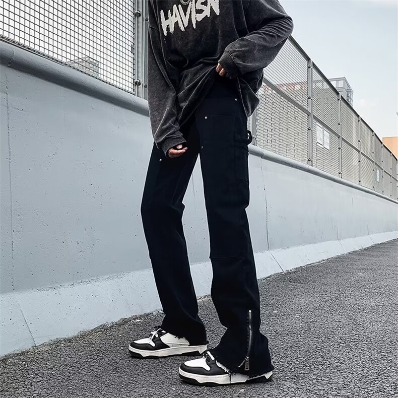 高街vibe风拉链开叉牛仔裤男ins潮宽松直筒美式微喇叭裤N1027-P45图片