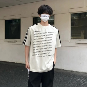 抖音得物高品质二开240克宽松纯棉美式潮牌三条杠织带短袖T恤图片
