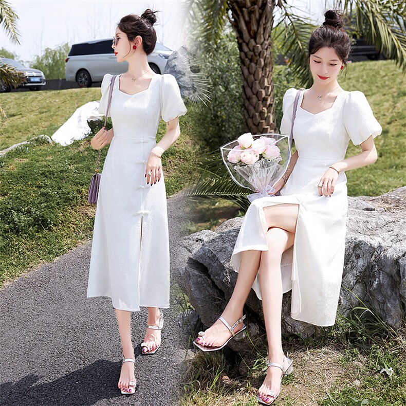 现货通勤法式夏装气质黑白花色高端别致连衣裙女夏收腰显瘦裙子，女装连衣裙，韩宇舍