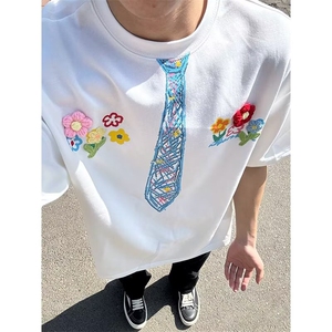 春秋季美式衬衫领假两件卫衣男潮流情侣装宽松字母刺绣上衣图片