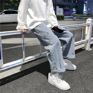 工装宽松直筒嘻哈牛仔裤大口袋INS潮牌港风休闲男女阔腿k367-p40图片