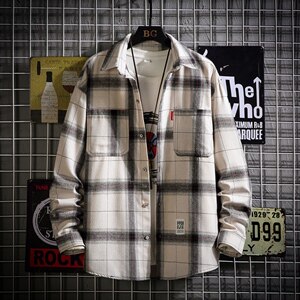 2021秋季新日系网格风大码男宽松工装休闲翻领格子衬衫C3051-P40图片