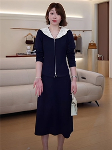 韩版女秋季新款时尚洋气套装裙娃娃领领开衫拉链上衣中长裙两件套图片