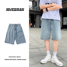 浅色水洗牛仔五分短裤男韩版夏ins2021宽松直筒阔腿裤K714-P30，男装牛仔裤，星座512-2
