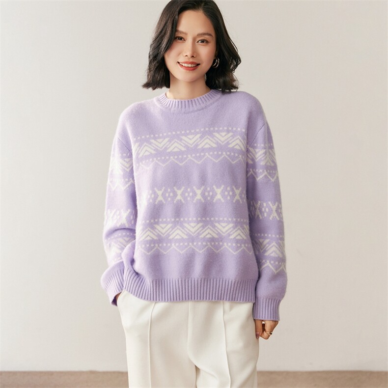 秋季新款圆领撞色提花时尚休闲针织衫，女装针织衫/毛衣，鸥蕊娅羊绒