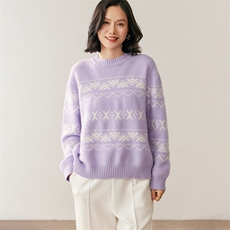 秋季新款圆领撞色提花时尚休闲针织衫，女装针织衫/毛衣，鸥蕊娅羊绒
