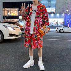 TZ1805男士休闲披肩短裤套装风东北大花大码风衣衬衫夏休闲，男装休闲套装，星座115A(原星座507）