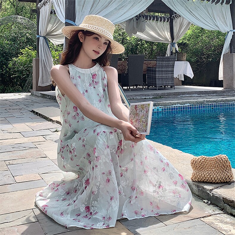 高级感海边度假扎染印花无袖露肩挂脖长裙女夏新款温柔茶歇连衣裙,女装连衣裙,浙宝305