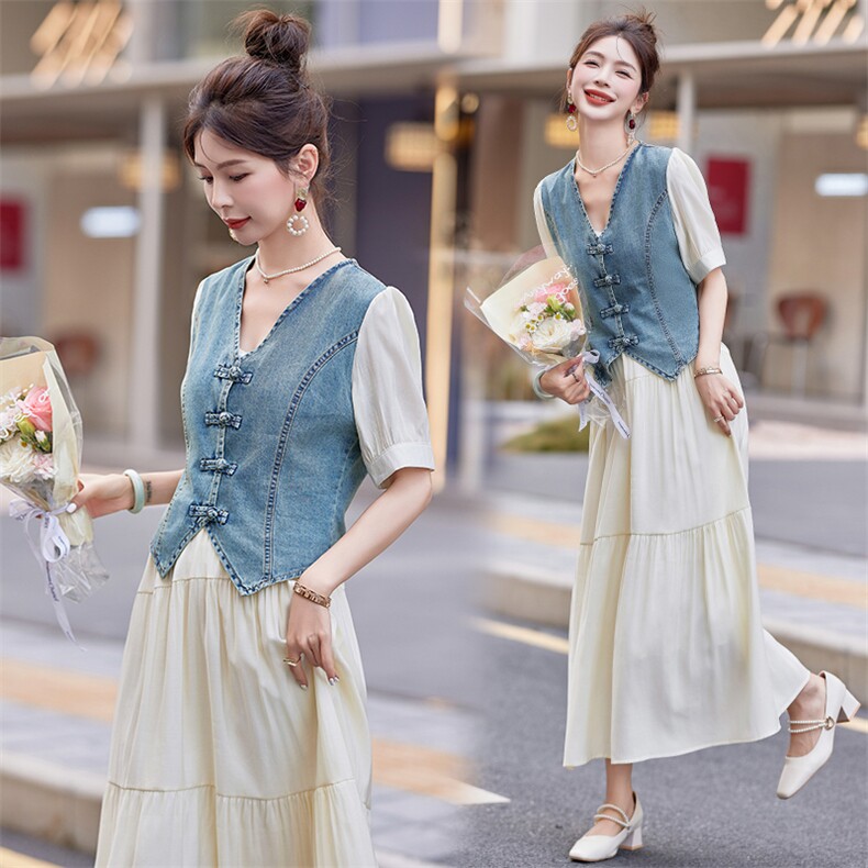 今年流行套装裙女夏季高级感气质假两件牛仔上衣网纱半身裙两件套，女装套装/套裙，韩宇舍