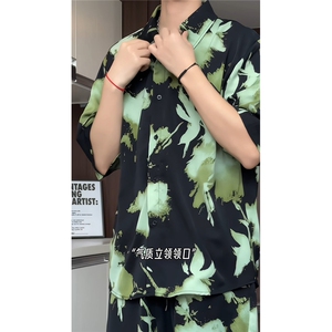 1短袖衬衫男+短裤潮流休闲套装男M-5XL大码TZ78710P50控98模特图图片