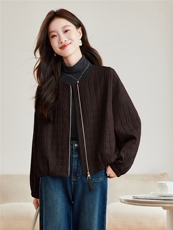 2026年春季宽松圆领方格夹棉短外套上衣，女装棉衣/棉服，简韵佳