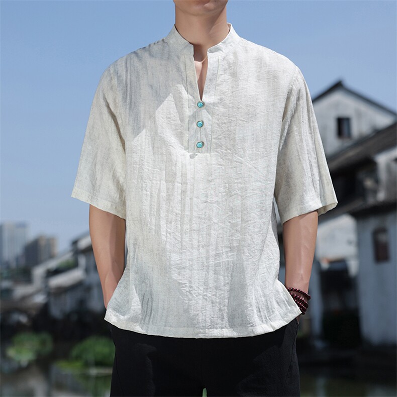 新中式半袖落肩立领透气日常吸汗百搭短袖T恤男A087-1-YM667P65,男装T恤,电商A087-1