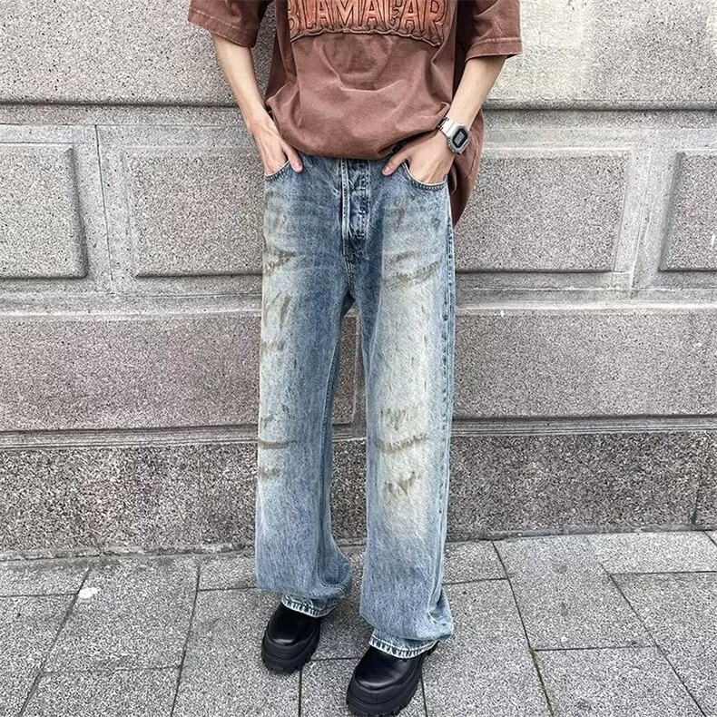 美式复古做旧牛仔裤男春秋高街水洗直筒裤潮牌ins阔腿休闲长裤子,男装牛仔裤,星座1013