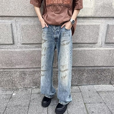 美式复古做旧牛仔裤男春秋高街水洗直筒裤潮牌ins阔腿休闲长裤子，男装牛仔裤，星座1013