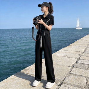欧式简约轻奢运动套装女夏季时尚气质修身显瘦短袖上衣长裤两件套图片
