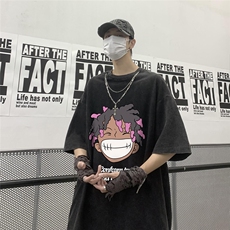 港风23新款夏季时尚卡通印花流苏圆领宽松短袖T恤DT6341P45控68，男装T恤，电商A268A
