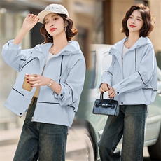 时尚拼色宽松连帽外套女短款2025春秋新款休闲百搭减龄上衣夹克潮，女装短外套，悦祺