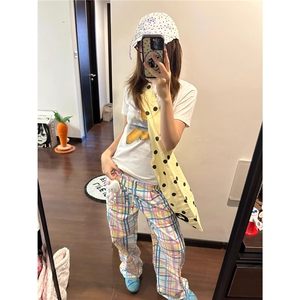 【现货】复古彩色格纹休闲裤夏抽绳直筒阔腿裤宽松垂坠感拖地长裤图片