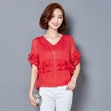 时尚夏季简约纯色V领短袖荷叶边套头雪纺衫，女装蕾丝衫/雪纺衫，安之芮娜