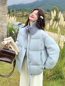 超好看蓝色针织拼接立领短款羽绒服女2025冬韩系甜美90白鸭绒外套图片