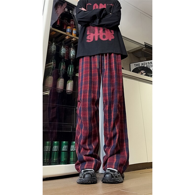 现货自家图美式红色格子毛呢宽松直筒阔腿休闲裤K661-P50控68,男装休闲裤,星座205-5