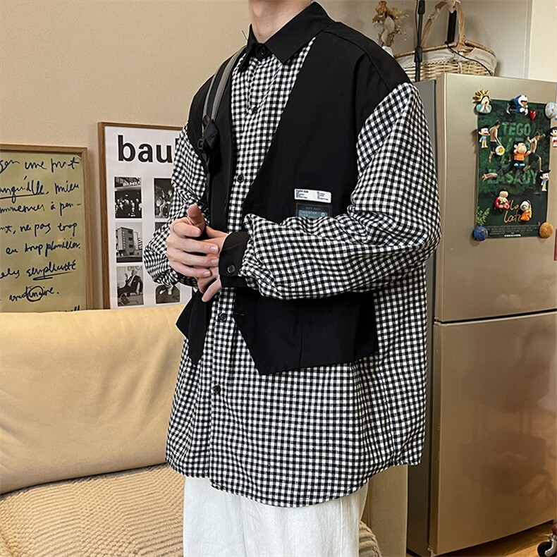 男春季衬衫假两件格子长袖衬衫C0005P39,男装衬衫,星座1116-2
