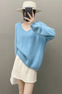 重磅康赛花纱V领羊绒衫女宽松慵懒针织套头毛衣软糯羊毛打底秋冬图片