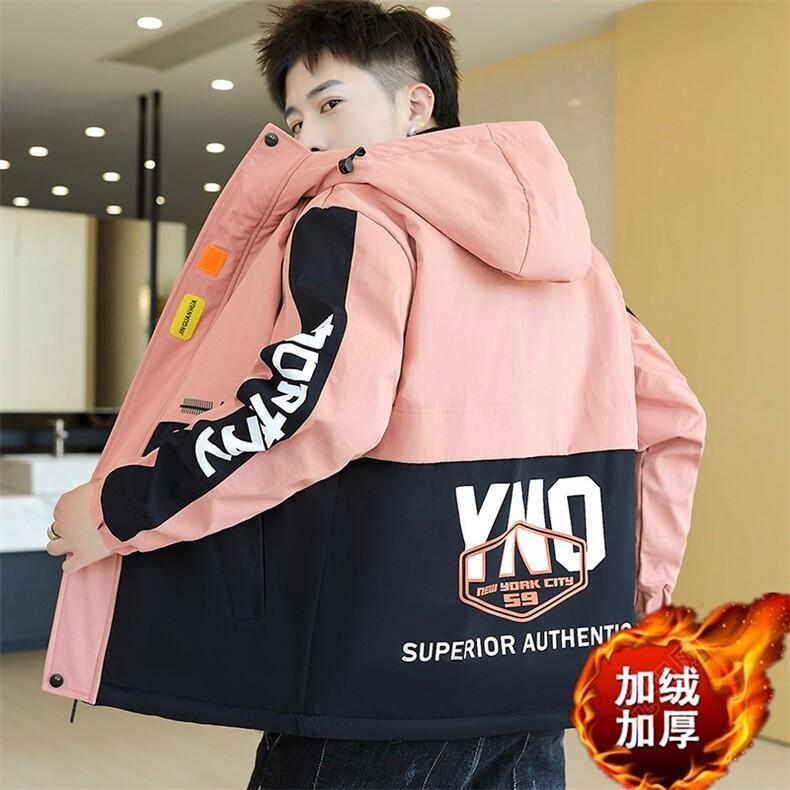 冬季门彩色棉服男模特加厚夹克风衣保暖外套工装棉衣粉868加绒,男装夹克,星座1207