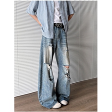 美式街头做旧破洞牛仔裤男宽松欧美高街vibe风长裤子NZ8119-P55，男装牛仔裤，星座308B-2