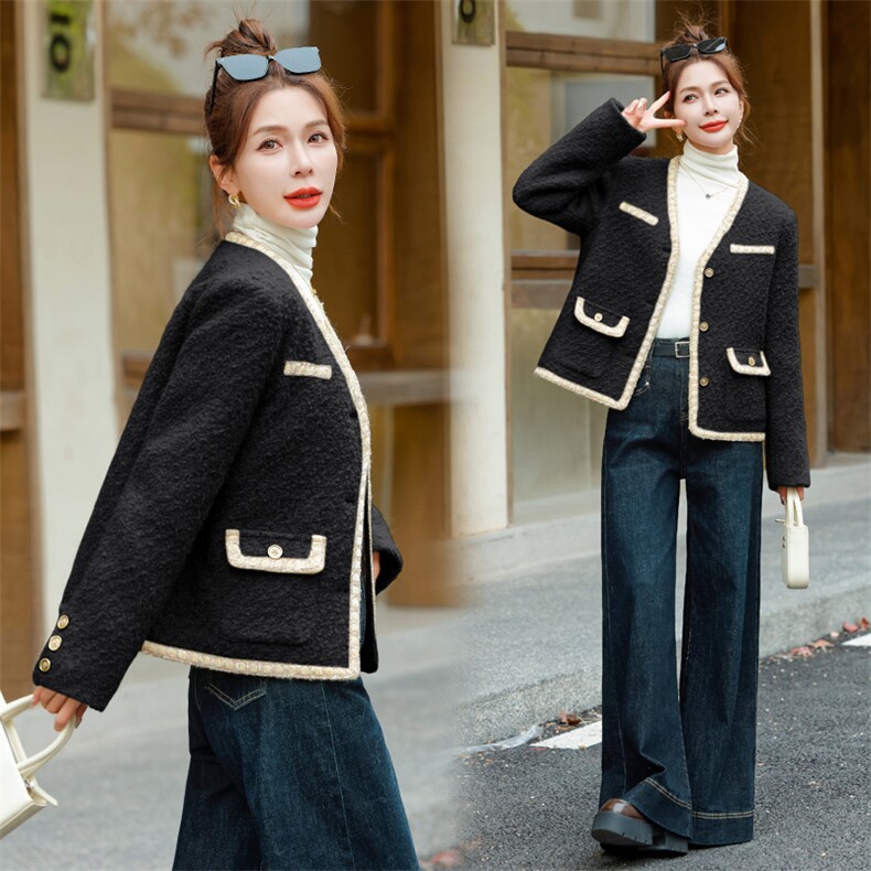 2024冬季白鸭绒宽松显瘦大码粗花呢小个子法式小香风羽绒服外套女,女装毛呢外套,雅静靓衣