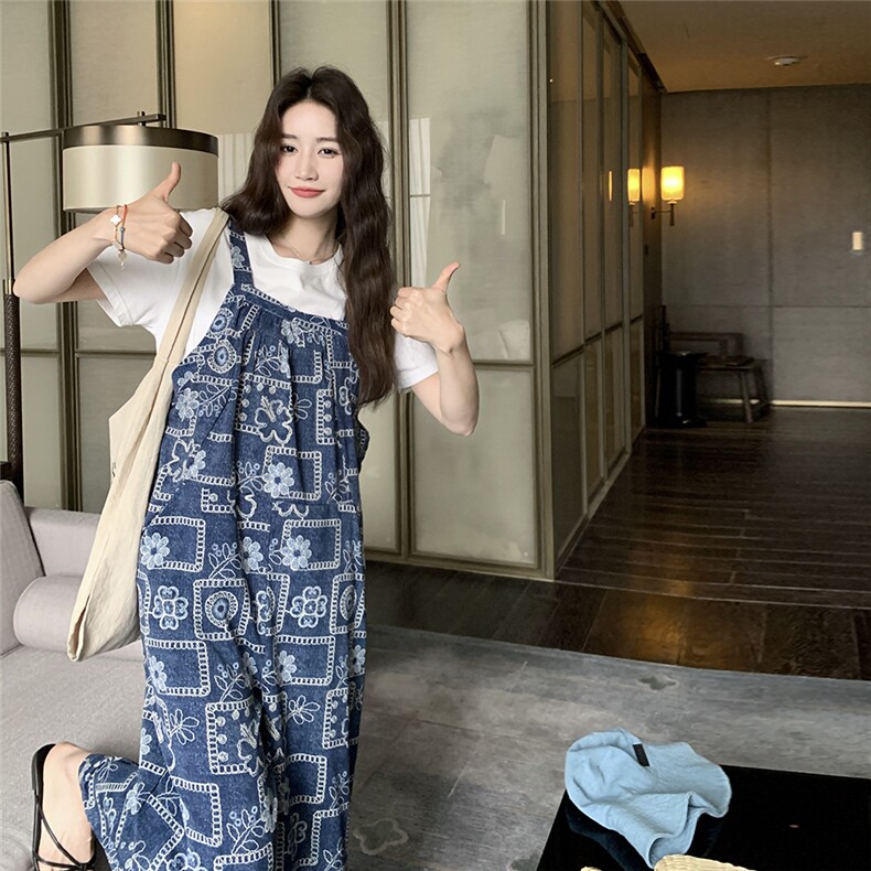 撞色背带裤女2025夏季新款新款韩版高级感显瘦雪纺碎花九分休闲裤,女装连体裤,2C353